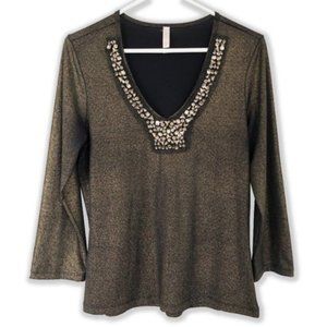 David Cline Black GoldThree Quarter Sleeve V-neck Top with Beads